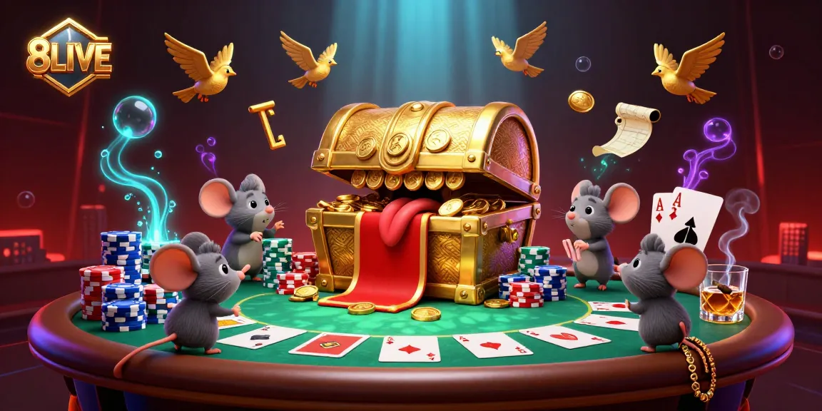 Engage with 8LIVE in a thrilling poker scene, showcasing rich casino elements and vivid characters.