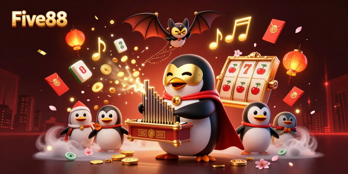Play slots at Five88 with a cartoon penguin organist, golden coins, and vibrant casino elements.