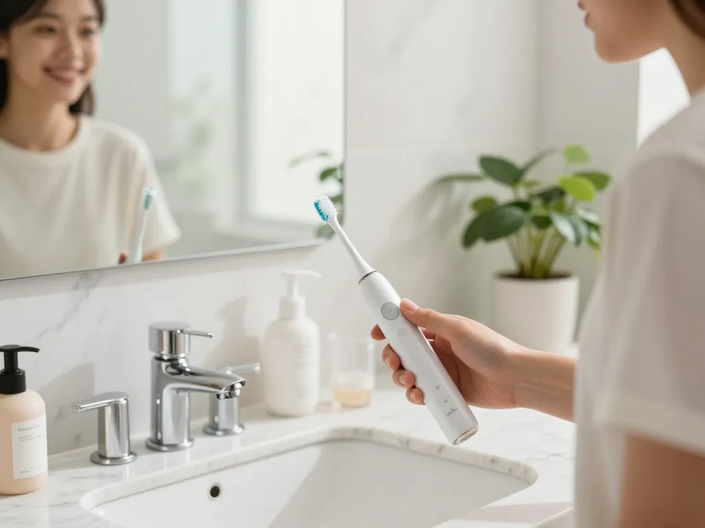 Young adult using a Laifen electric toothbrush in a stylish bathroom, showcasing modern dental care.