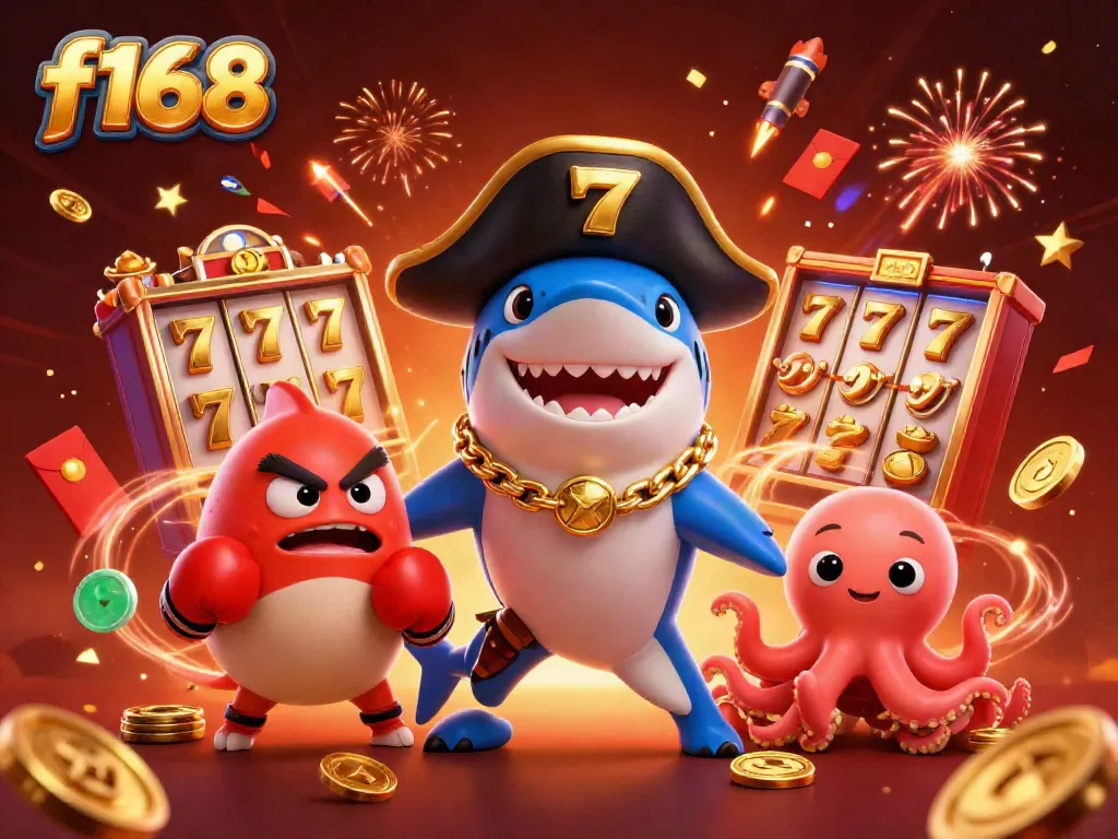 Experience the thrill of f168's exciting slots with pirate characters amidst vibrant fireworks and gold coins.