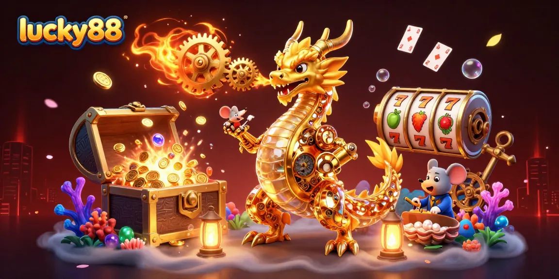 Engage with lucky88's exhilarating online gaming atmosphere through a vibrant 3D illustration featuring a golden dragon.