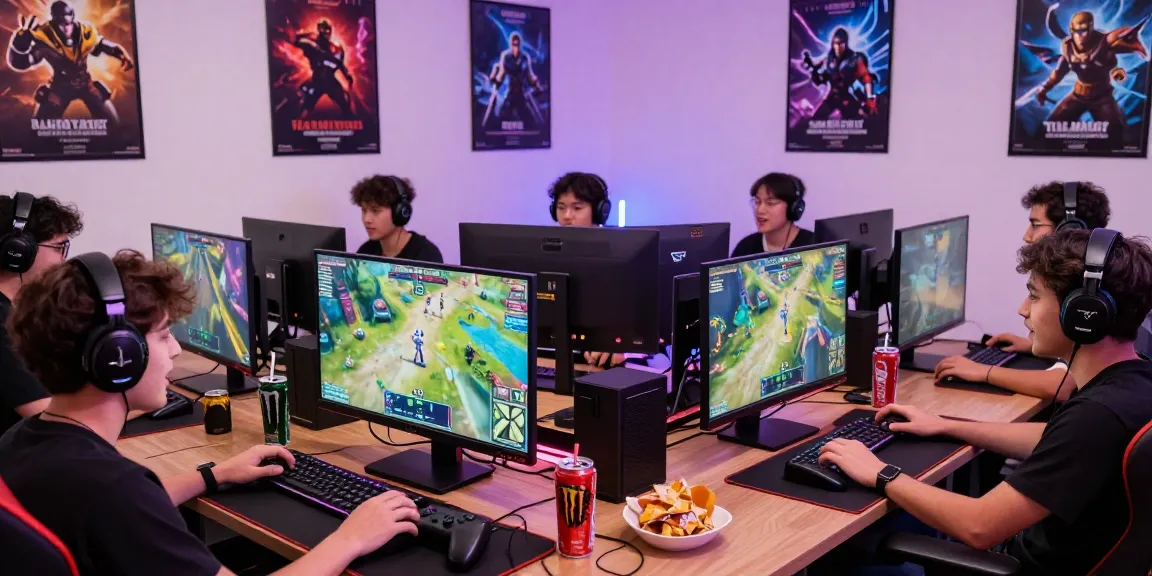 Gamers engaged with Rr8i live-streamed online games in a vibrant gaming room.