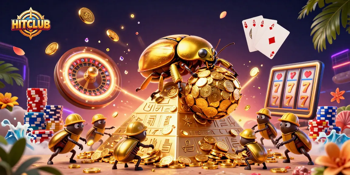 HITCLUB showcases a vibrant scene with a golden beetle rolling casino coins and a dynamic casino theme.