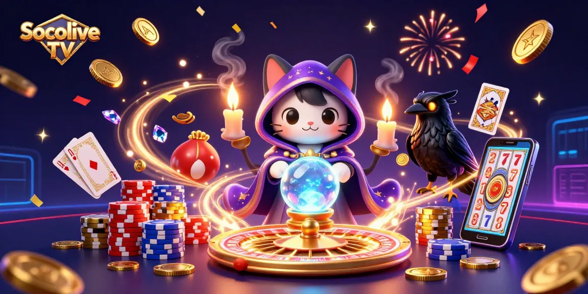 Socolive TV offers exciting visuals of a mystical cat and raven amidst vibrant casino elements.