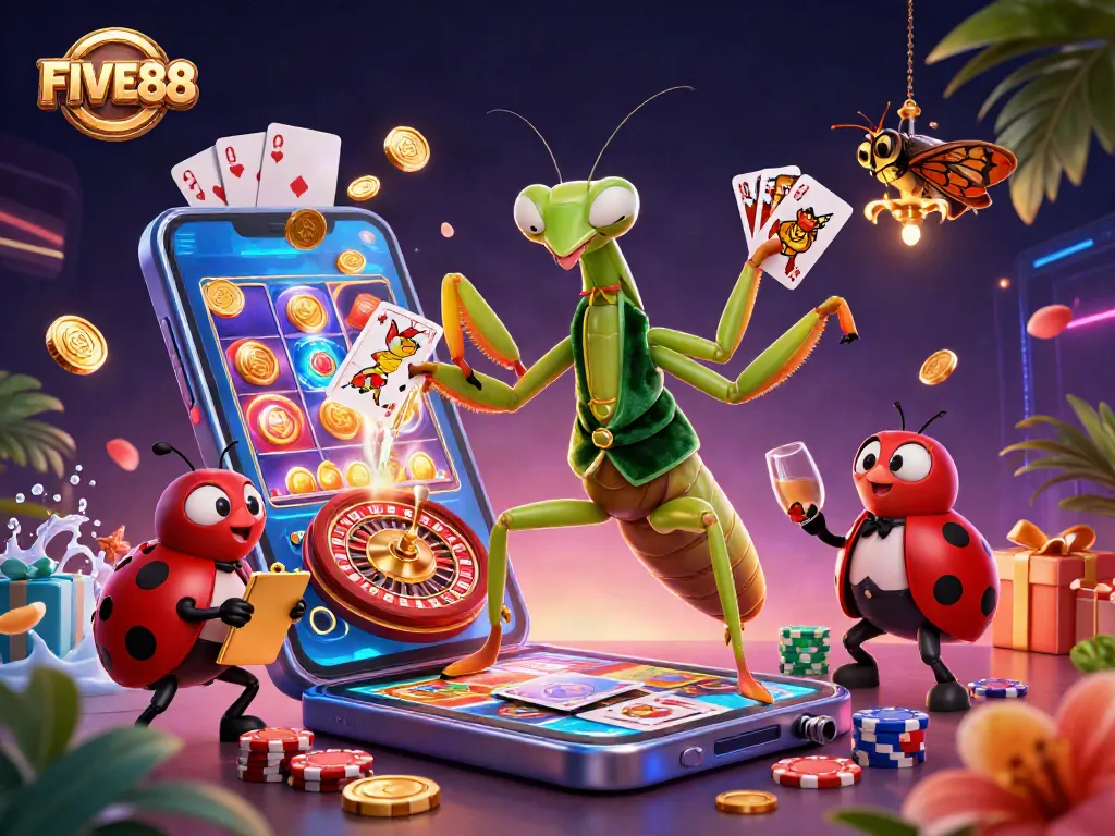 Engage with FIVE88’s vibrant casino scene: a mantis card shark and ladybug pit boss in action!