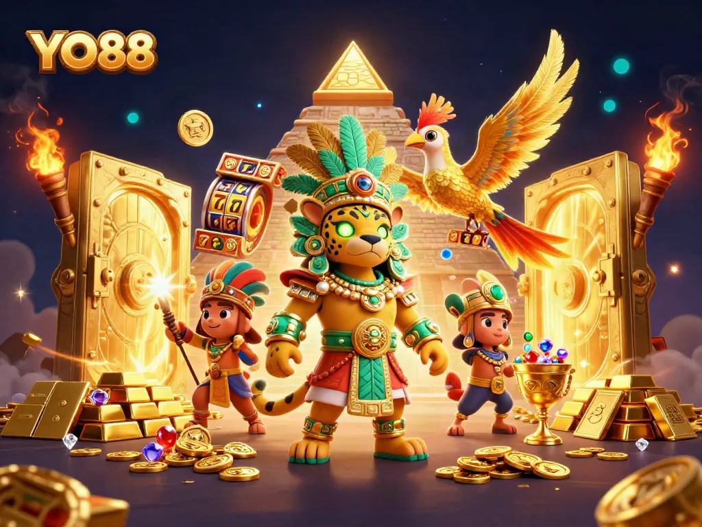 Experience thrilling gameplay at YO88 with captivating slot reels and vibrant casino treasures.