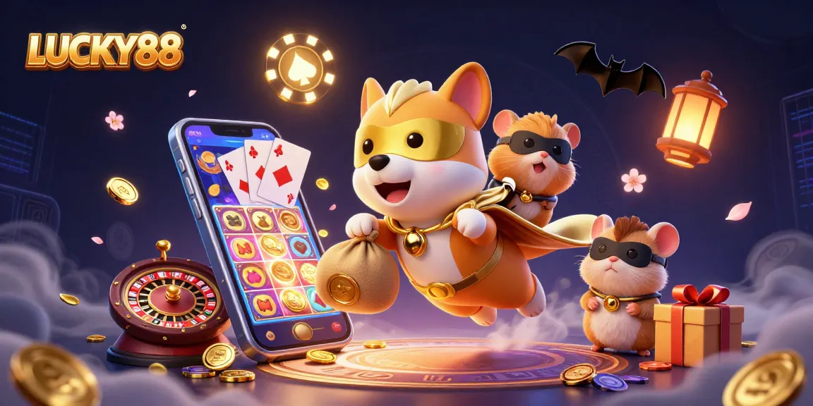 Spin to win on LUCKY88 Slot: vibrant 3D scene featuring superhero dog and hamster