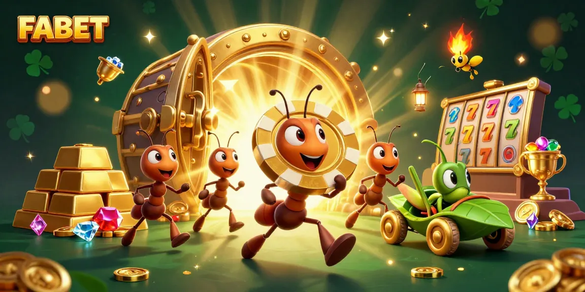 Experience FABET's thrilling gaming world with ants, poker chips, and sparkling treasures