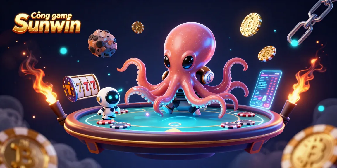 Experience dynamic gameplay at Cổng game Sunwin, featuring an alien octopus and vibrant slot reels in a thrilling 3D scene.