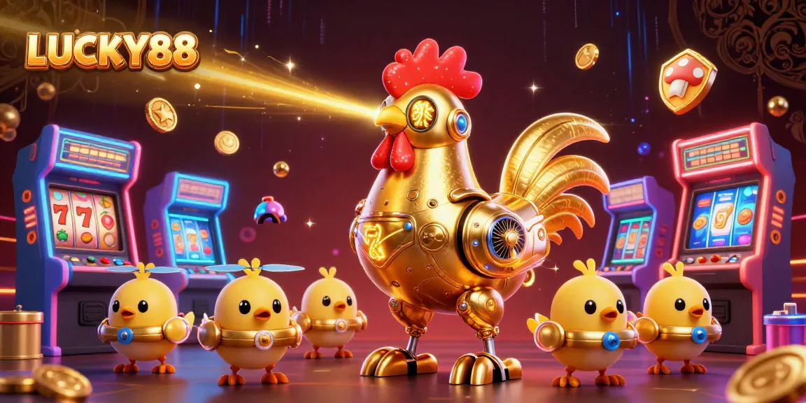 Spin and win with LUCKY88, showcasing a golden rooster shooting lasers in vibrant casino-themed artwork.