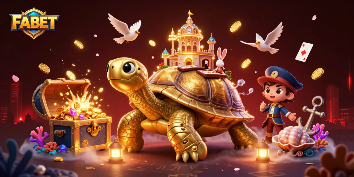 Engage with FABET's thrilling casino adventure featuring a golden tortoise hosting games and treasure.