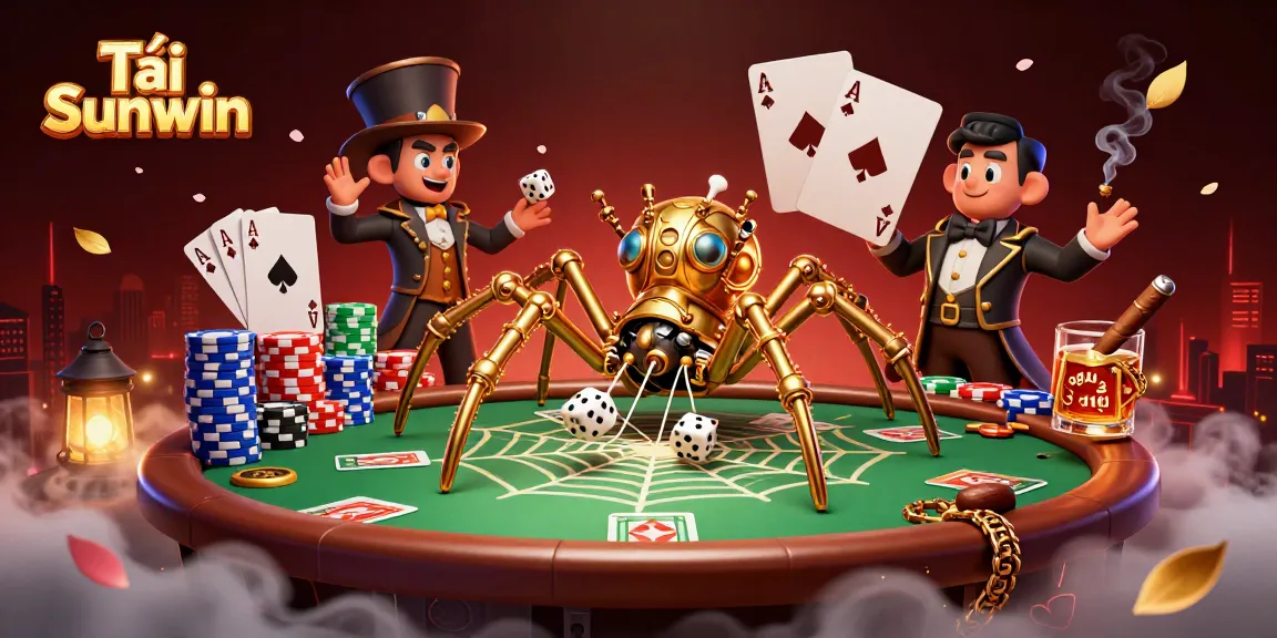 Tải Sunwin with a steampunk spider capturing dice in a golden web, surrounded by poker elements
