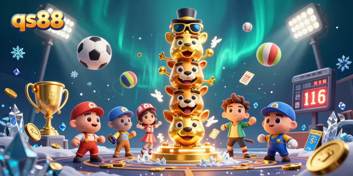 Win big at qs88 with vibrant casino fun featuring animated totem pole and dynamic sports elements.