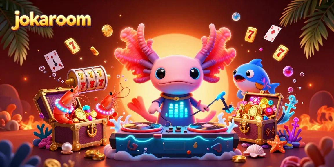 Engage with jokaroom's vibrant and energetic atmosphere featuring a DJ axolotl and dynamic slot game elements.