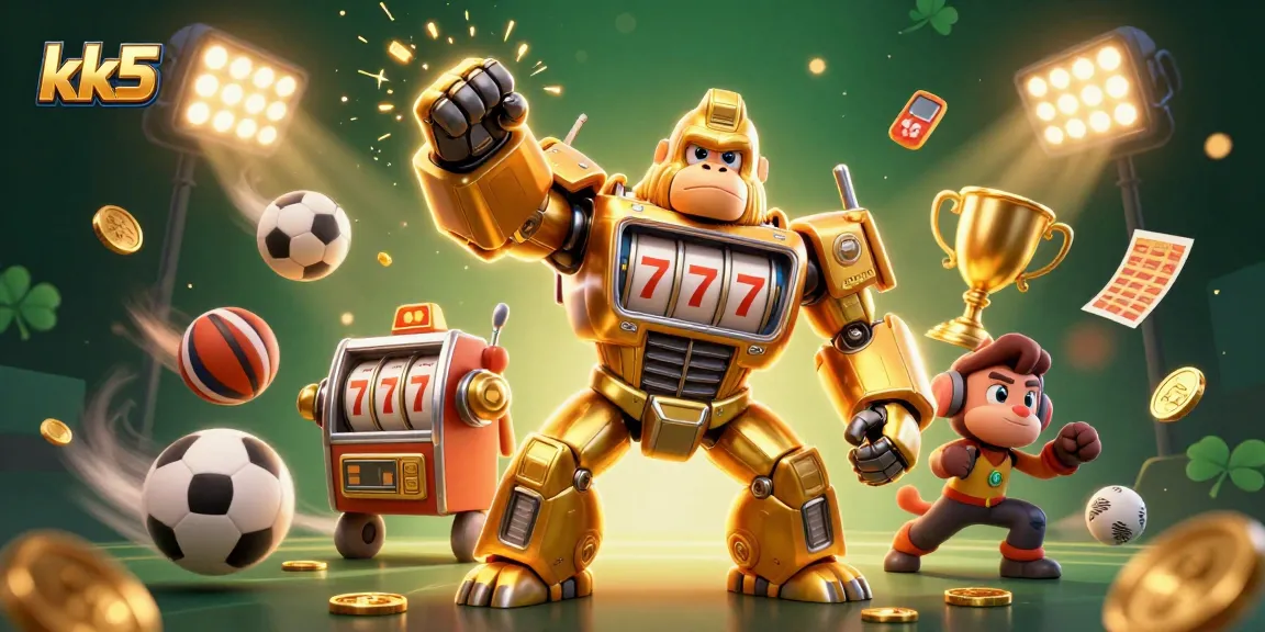 kk5 showcases a dynamic scene featuring a golden gorilla mech engaging in thrilling casino action amidst flying sports elements.