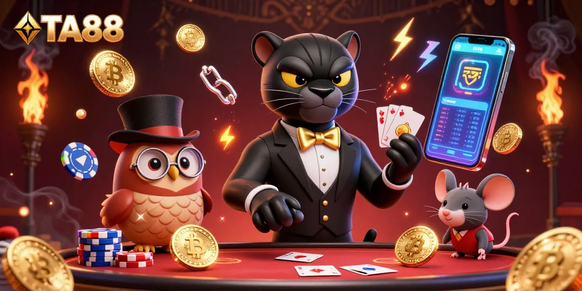Engaging illustration of TA88 casino scene with a stylish panther, owl, and lucky mouse playing poker surrounded by crypto elements.