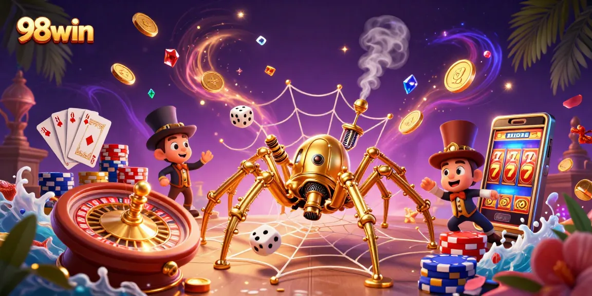 Experience thrilling wins at 98win with a 3D illustration of casino excitement and dynamic gaming elements.