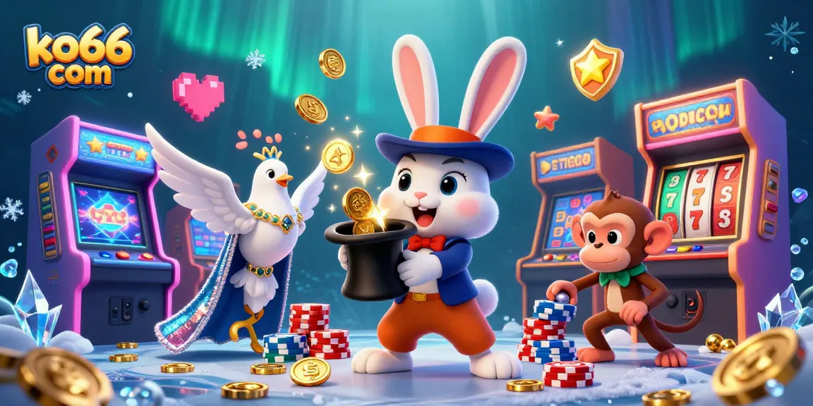 Spin and win at ko66 com with an enchanting rabbit magician pulling coins amidst vibrant gaming elements.