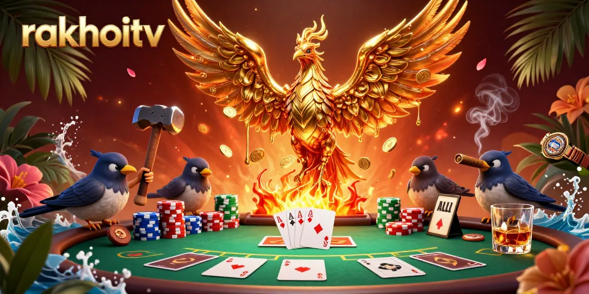 Experience the excitement of rakhoitv with a dynamic golden phoenix and poker scene full of vibrant elements.