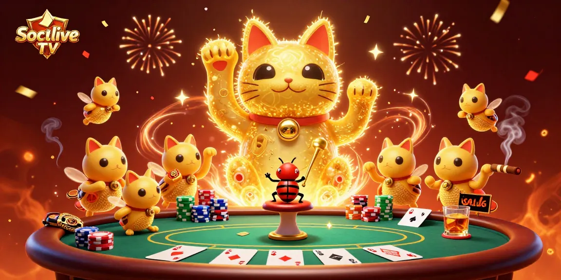 Socolive TV showcases dynamic casino fun with fireflies and a lucky cat amid poker action.