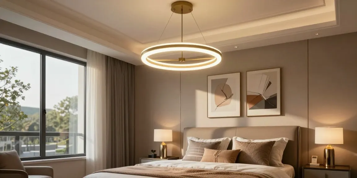Un candelabru dormitor modern adaugând eleganță și atmosferă caldă în cameră.