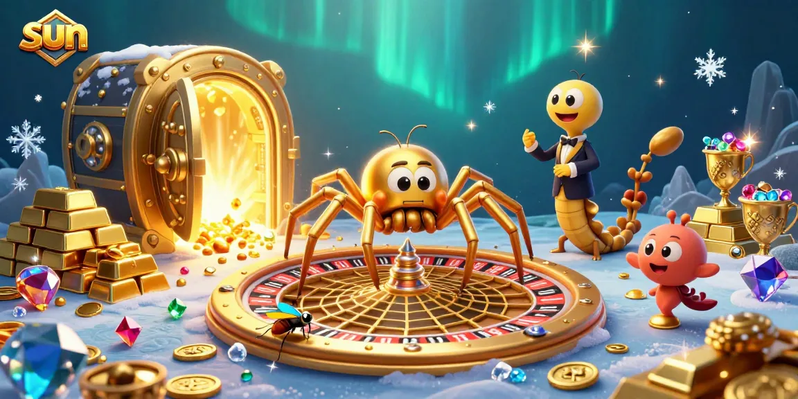 Engage in thrilling bets with the sun-themed 3D casino illustration featuring a spider and croupier.